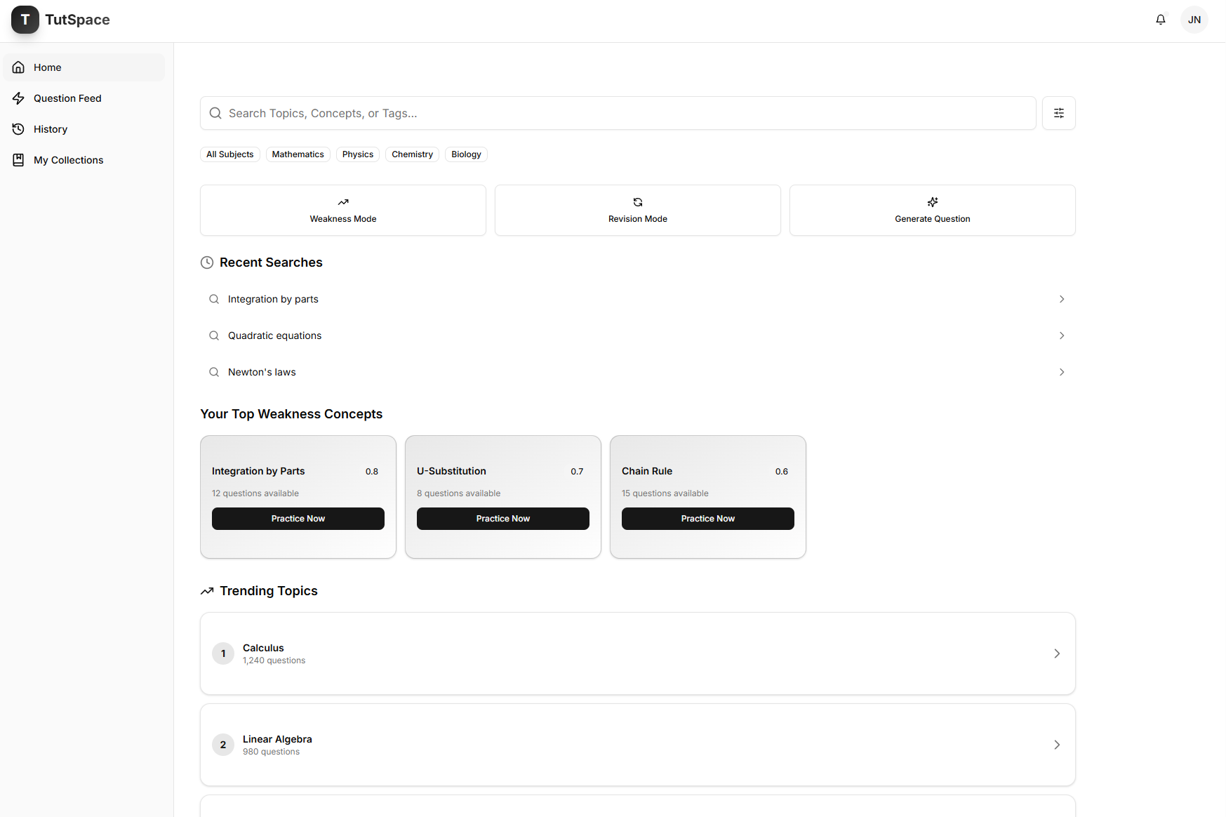 TutSpace Home - Personalized Learning Dashboard